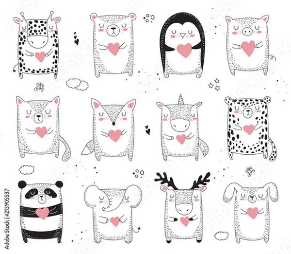 Fototapeta Vector line drawing collection of animals. Doodle illustration