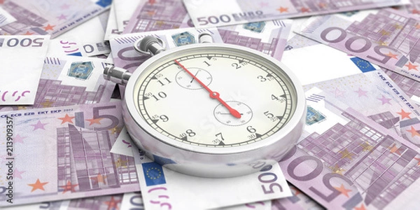 Obraz Stopwatch, timer on euro banknotes background. 3d illustration