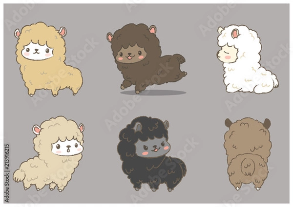 Fototapeta Set of Hand-drawn cute alpaca in different color and different poses on grey background. Vector illustration character design, Cartoon doodle style.
