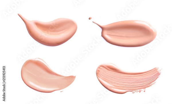 Obraz Makeup foundation cosmetic smear cream set isolated on white background. Light beige liquid foundation sample smears