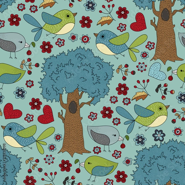 Fototapeta Seamless vector forest pattern with cute color illustrations. Cutr little in the magic forest