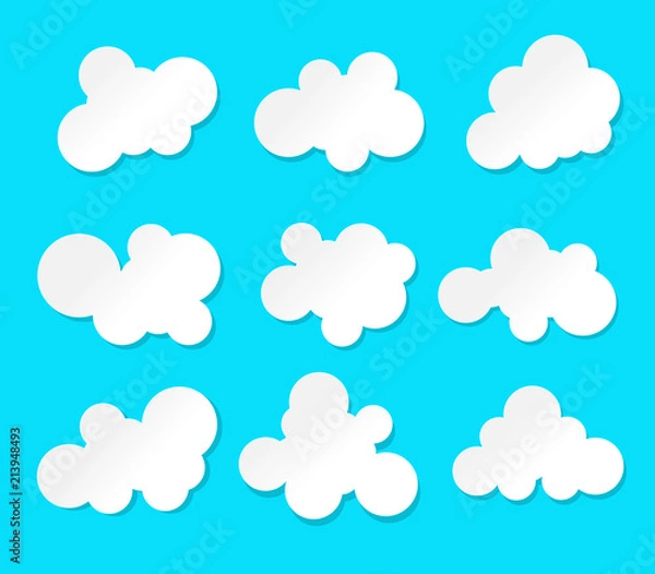 Fototapeta Set of cartoon clouds isolated on a blue background. paper art vector illustration.