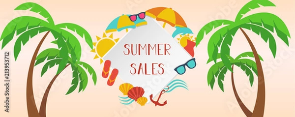 Obraz Banner saldi estivi con palme e icone spiaggia