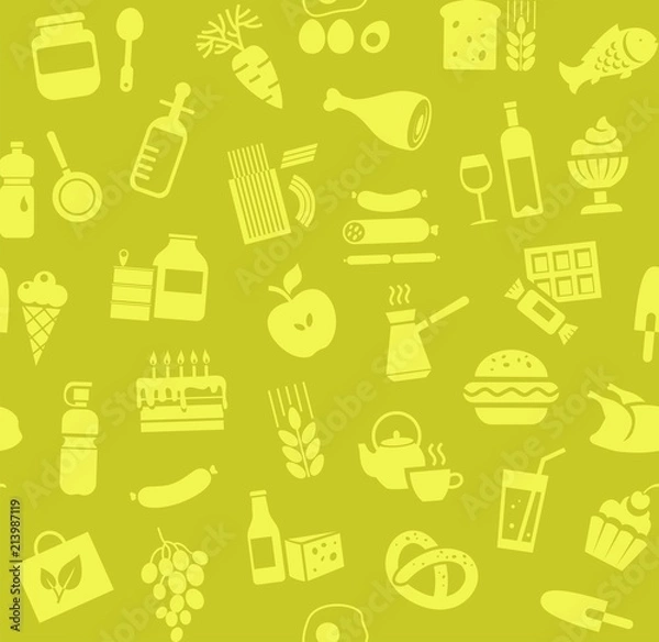 Fototapeta Food, seamless pattern, yellow-green, color, grocery store, vector. Food and drinks, production and sale. Vector background. Yellow icons on the yellow-green field.  