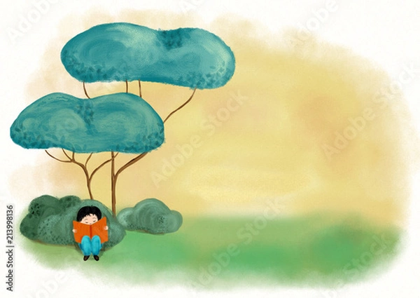 Fototapeta Chłopiec czyta w zielonym lesie i wyobraża sobie fantastyczną historię i marzenie - ilustracja do cyfrowego malowania dla koncepcji miłości książek z kopią miejsca