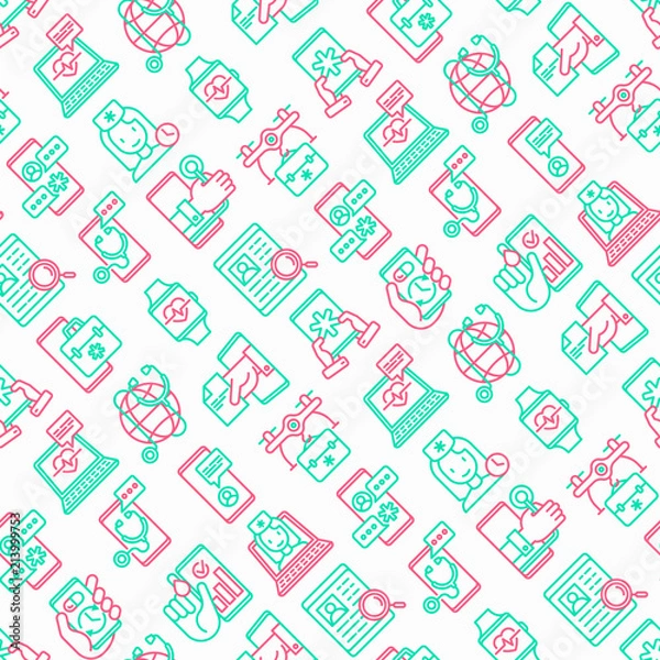 Fototapeta Online medicine, telemedicine seamless pattern with thin line icons: pill timer, ambulance online, medical drone, tracker, mHealth, messenger, check symptomps. Modern vector illustration.