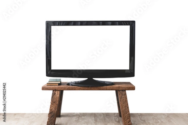 Obraz Empty white flat TV screen on wood stand .