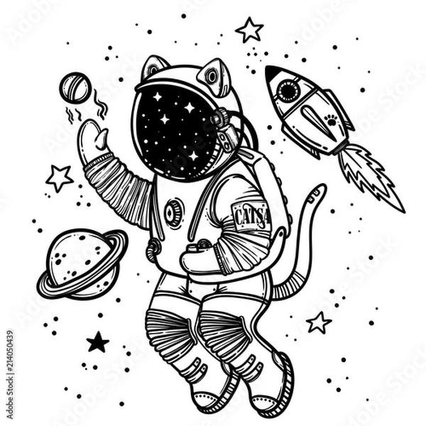 Obraz Vector illustration. Cat astronaut soaring in space. Comic style illustration.