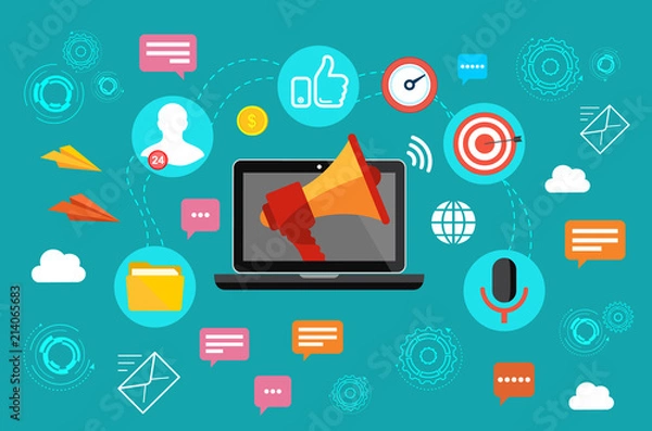Fototapeta SMM concept illustration. Communication and promotion strategy with social media.