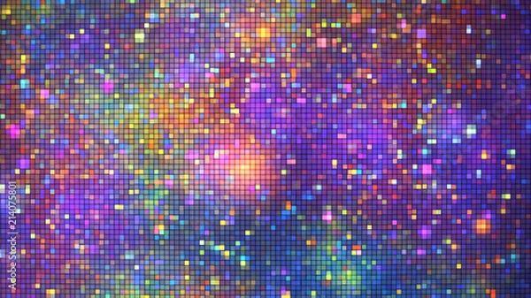Fototapeta Abstract glittering geometric texture with orange, blue and violet pixels. Fantasy fractal design. Digital art. 3D rendering.