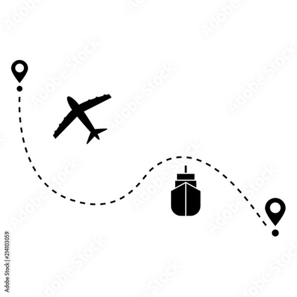 Obraz Airplane and  ship  line path vector icon. Airplane vector icon. Ship vector icon. Fast delivery around the world.