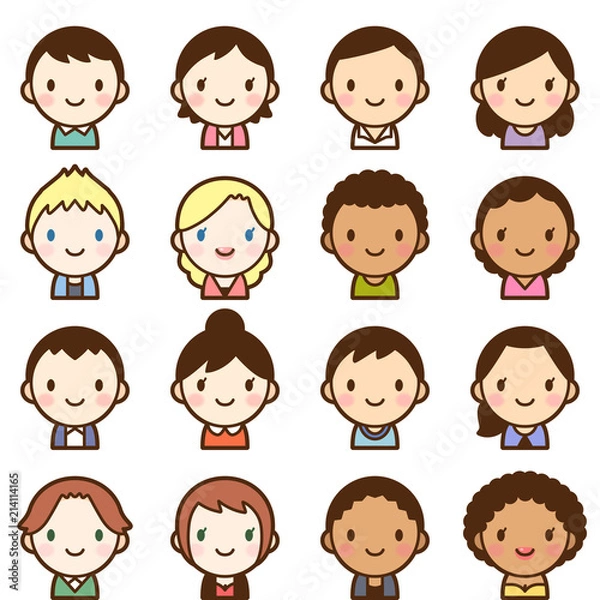 Obraz 世界の人々　人種　男女　顔　かわいい　アイコン　セット