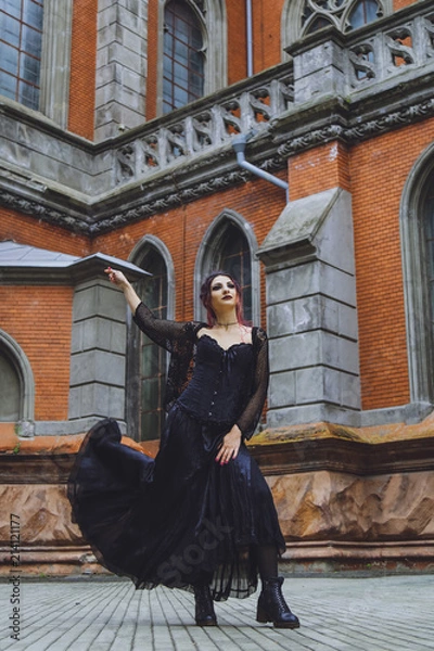 Fototapeta Young brunette girl in gothic style on a background architecture