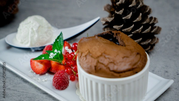 Obraz Ice cream with strawberries, mousse dessert served at restaurant