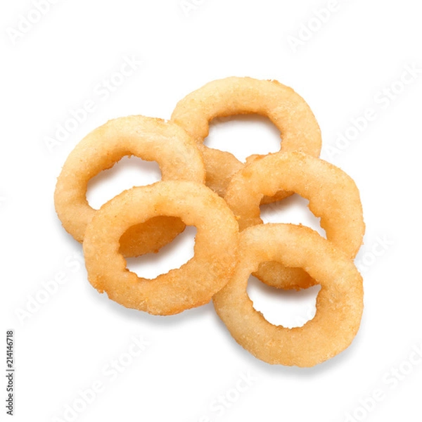Obraz Freshly cooked onion rings on white background, top view