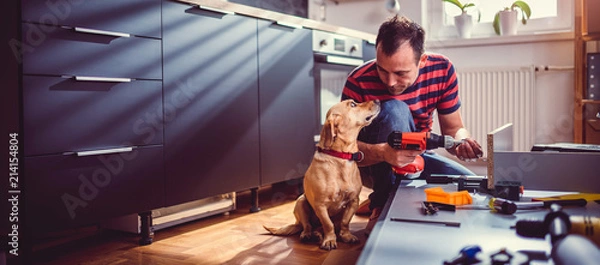 Obraz Man with dog building kitchen cabinets