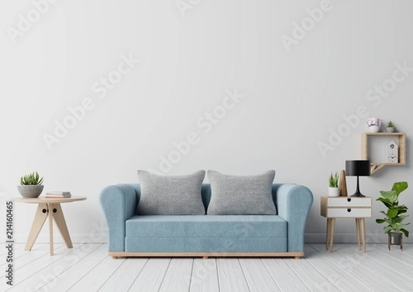 Fototapeta Empty living room with sofa ,lamp,cabinet,plants,and white wall in the background,3d rendering