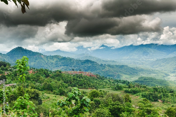Obraz Arieal View of Beautiful Nepali Village sorrounded by the Green Forest,Mountain Village,Gorkha Nepal