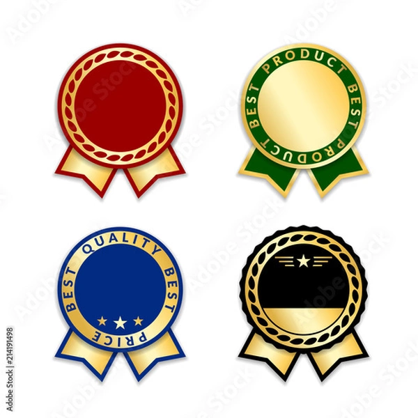 Fototapeta Award ribbons isolated set. Gold green design medal, label, badge, certificate. Symbol best sale, price, quality, guarantee or success, achievement. Golden ribbon award decoration. Vector illustration