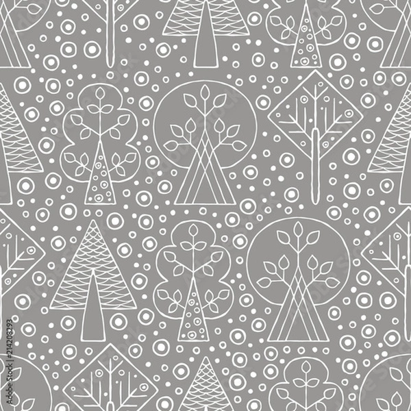 Fototapeta Wektor ręcznie rysowane wzór, dekoracyjne stylizowane dziecinne drzewa. Rysowanie linii Doodle styl, plemienna ilustracja graficzna. Ładny rysunek ręka Seria doodle, kreskówki, szkic bez szwu wzorów
