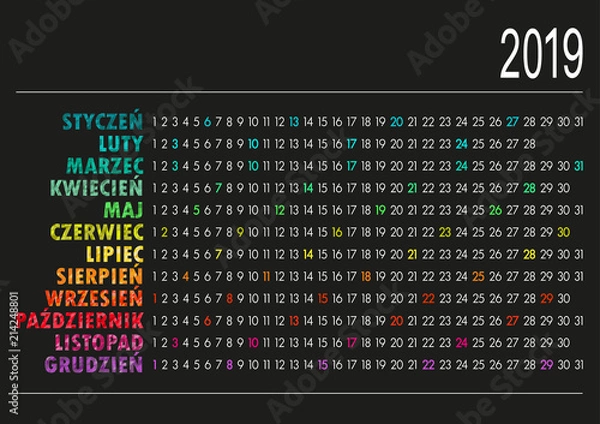 Obraz Polish calendar 2019 / Polish calendar for year 2019 on black background