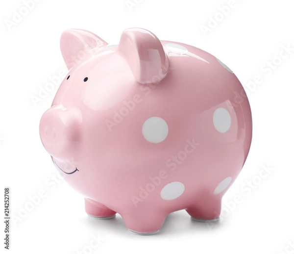 Obraz Pink piggy bank on white background. Money saving