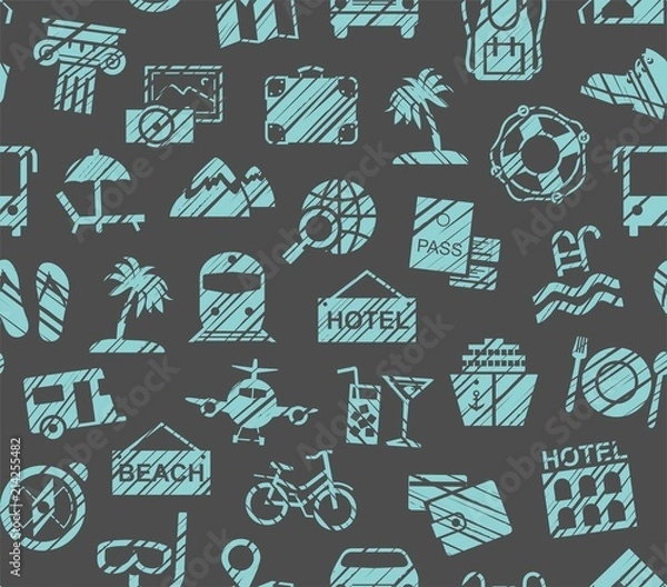 Fototapeta Travel, vacation, Hiking, leisure, seamless pattern, pencil shading, colorful, gray, blue, vector. Different types of holidays and ways of travelling. 