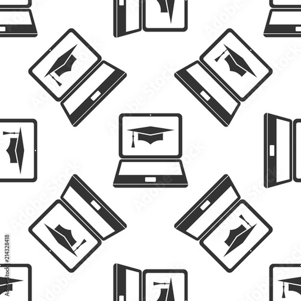 Fototapeta Graduation cap and laptop icon. Online learning or e-learning concept icon seamless pattern on white background. Flat design. Vector Illustration