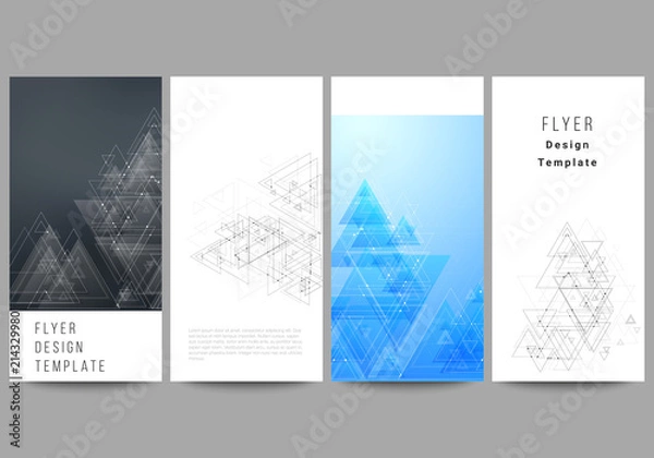 Fototapeta The minimalistic abstract editable vector layout of four modern vertical banners, flyers design business templates. Polygonal background with triangles, connecting dots and lines. Connection structure