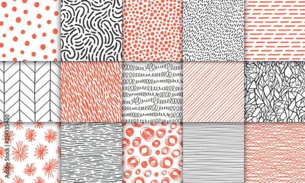 Obraz Zestaw streszczenie ręcznie rysowane geometryczne proste minimalistyczne wzory bez szwu. Kropki, paski, fale, tekstury losowych symboli. Ilustracja wektorowa jasny kolorowy. Szablon do projektowania