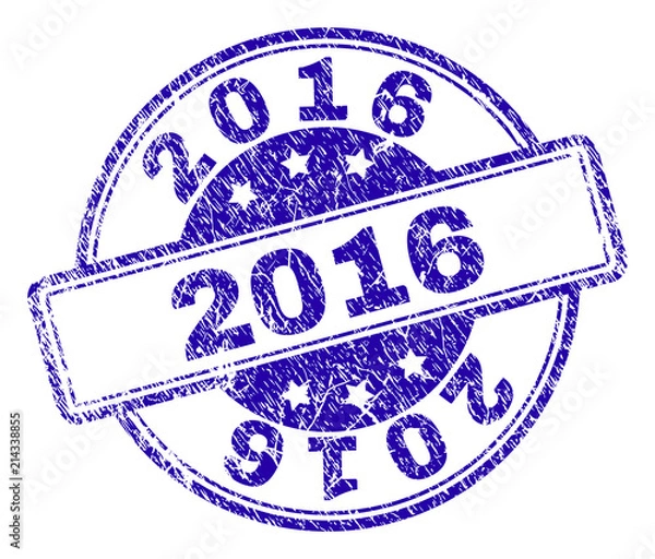 Fototapeta 2016 stamp seal imprint with grunge texture. Designed with rounded rectangles and circles. Blue vector rubber print of 2016 text with dust texture.