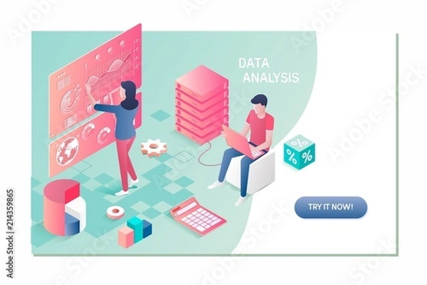 Fototapeta Data analysis, search engine optimization, site position isometric concept
