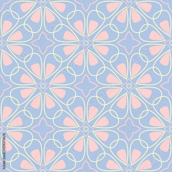 Fototapeta Geometric seamless pattern. Pale blue background with beige and pink elements