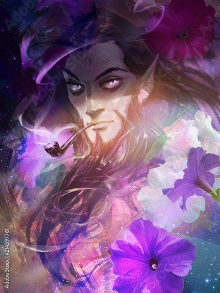 Fototapeta Hand drawn digital portrait illustration of a handsome elf man with a smoking pipe and petunias around him
