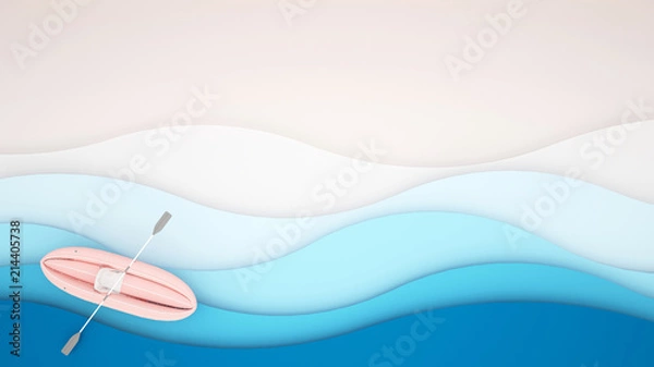 Fototapeta Pink rubber Boat on the sea artwork for vacation time - Blue wave of the sea with white Sand Beach and space for add message - Holiday in Summer season - Paper cut or craft style - 3D illustration