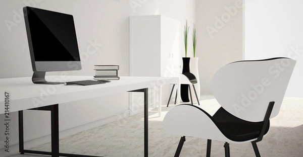 Fototapeta Modern and minimalist bright interior of living room with black and white furniture . 3d rendering .