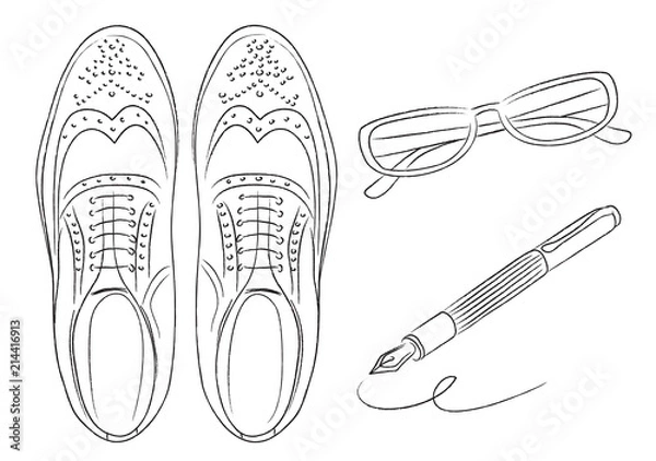 Obraz メンズビジネスアイテム　ビジネスシューズ　メガネ　万年筆　イラスト