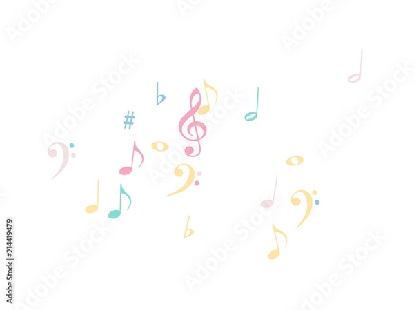 Fototapeta Music Notes Confetti Falling Chaos Vector. Music Symbols Texture Poster Background Elements. Party Night, Festival, Celebration or Concert, Melody Notes Trail. Decorative Song Sheets Chaos Effect.