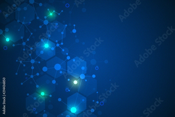 Obraz Molecular structure background and communication. Abstract background with molecule DNA. Medical, science and digital technology concept with connected lines and dots.