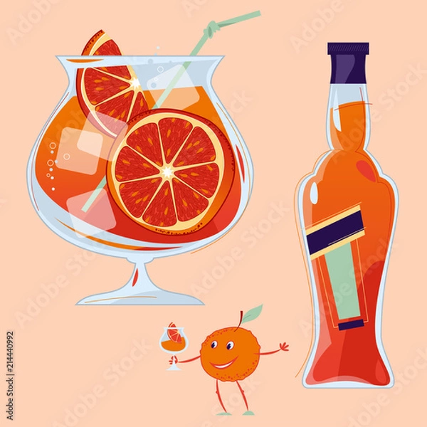 Obraz Koktajl Aperol Spritz z plastrem pomarańczy. Mała pomarańcza trzyma kieliszek z koktajlem. Tradycyjny letni napój.