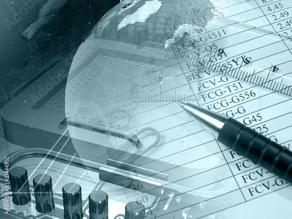 Fototapeta Pen, graph and globe, collage