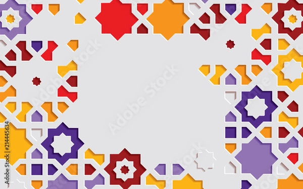 Fototapeta Arabic arabesque design greeting card for Ramadan Kareem.Islamic ornamental colorful detail of mosaic. Background vector illustration.