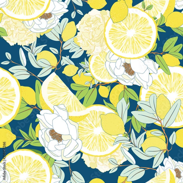 Fototapeta Botanical Seamless Vector Peony Lemon Patern