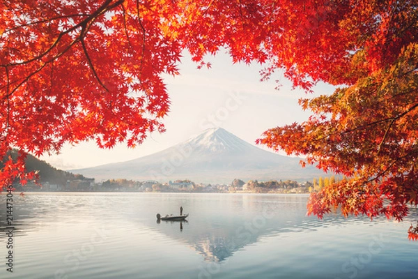 Obraz Colorful Autumn Season and Mountain Fuji with morning fog and red leaves at lake Kawaguchiko is one of the best places in Japan