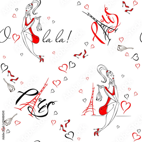 Fototapeta Seamless pattern. Girl in Paris. Romantic print. Girl model on the background of the Eiffel tower. O La La. Lettering. Hearts. Vector.