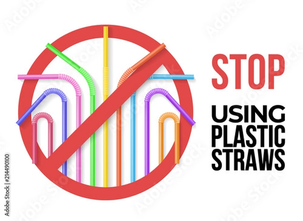 Fototapeta Poster with colorful plastic drinking straws. Stop using plastic straws. Realisic vector illustration. Eco zero waste lifestyle