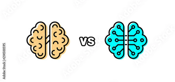 Fototapeta Humans vs Robots. AI artificial intelligence and human intelligence. Human anatomical brain with electronics technology elements.