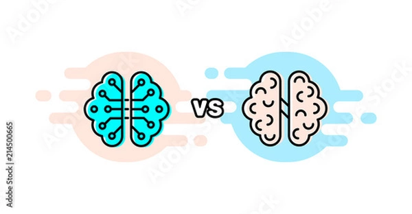 Fototapeta Humans vs Robots. AI artificial intelligence and human intelligence. Artificial intelligence concept, digital mind and smartness. Human anatomical brain, electronics technology elements.