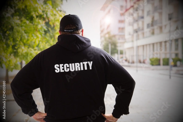 Obraz security man in a sunny day checking the city