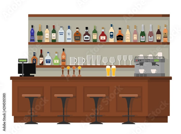 Obraz Pusty drewniany bar. Półki z butelkami alkoholu. Płaskie wektor ilustracja na białym tle na białym tle.
